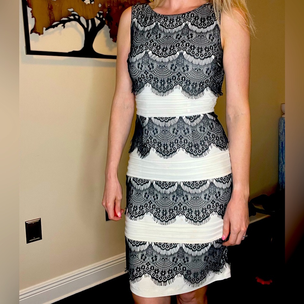 Black Lace and Cream White Fitted Cocktail Dress